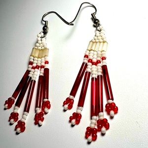 Vintage Handmade Native American Red & White Fringe Tassel Bead Dangle Earrings